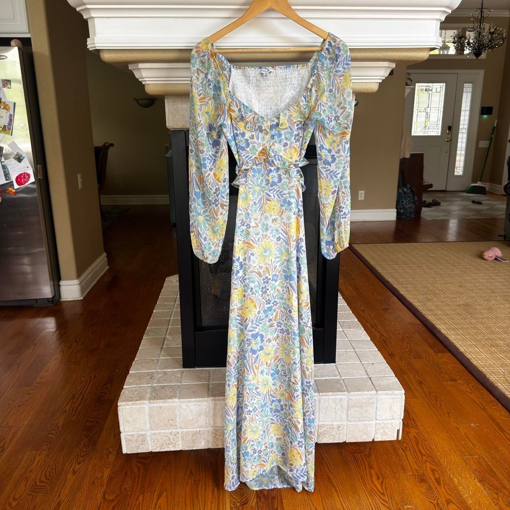 BTFL Life Blue water color cut out maxi dress puff sleeve garden etherial